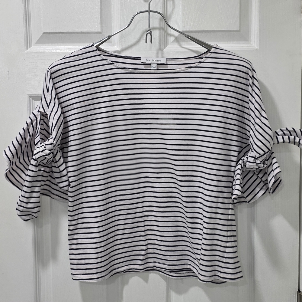 Pedro del Hierro Striped Boat Neck Top Tie Sleeve Blouse S